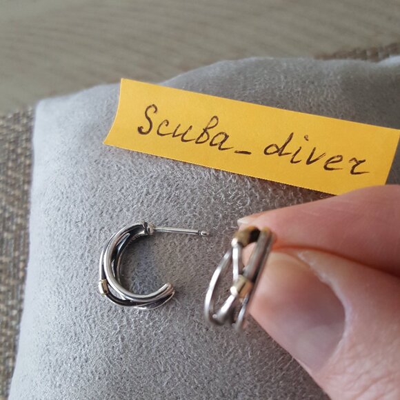 RARE Pandora Two-Tone 925 Silver 14K Gold Crossover Rope Hoop Huggie Earrings - Picture 8 of 12